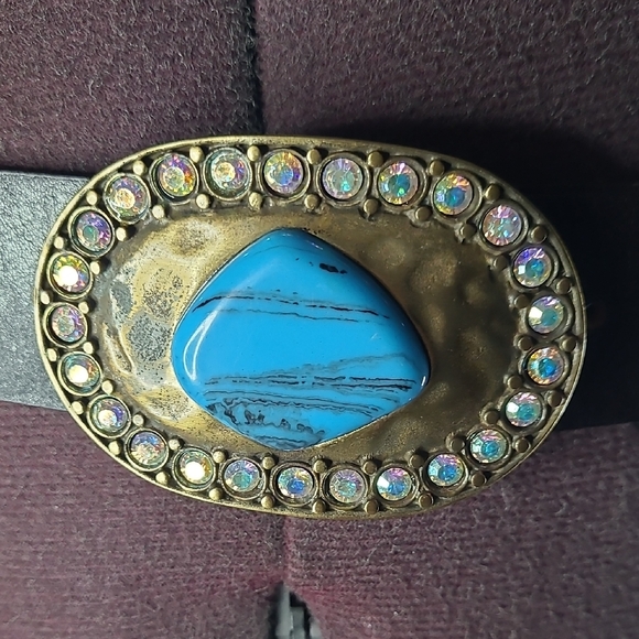 Genuine Leather Barbara & Company Black Belt with Gold and Turquoise Buckle - Picture 4 of 8